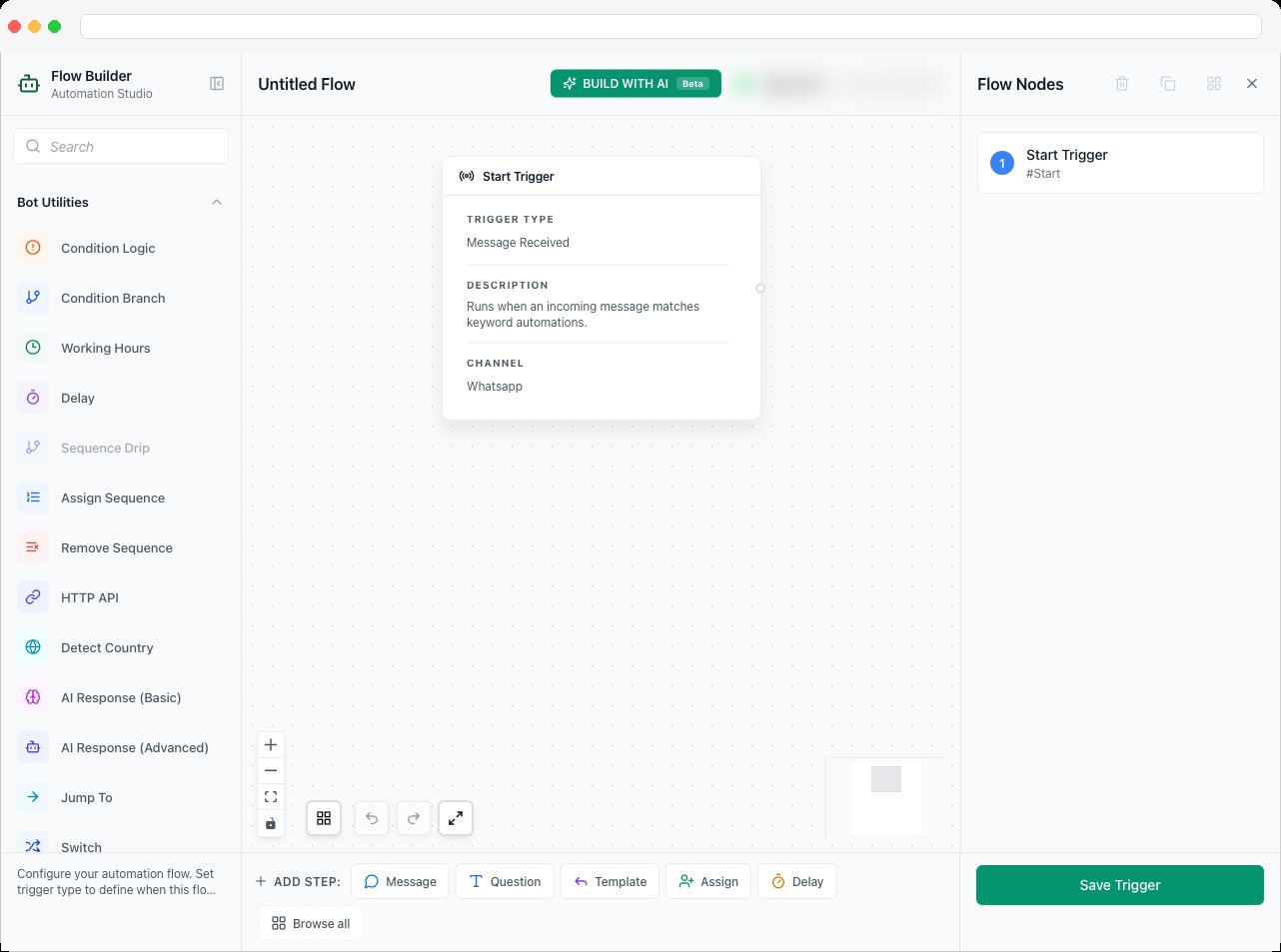 The AI Response (Advanced) step settings showing Mode, Agent, Input, and Reply Action
