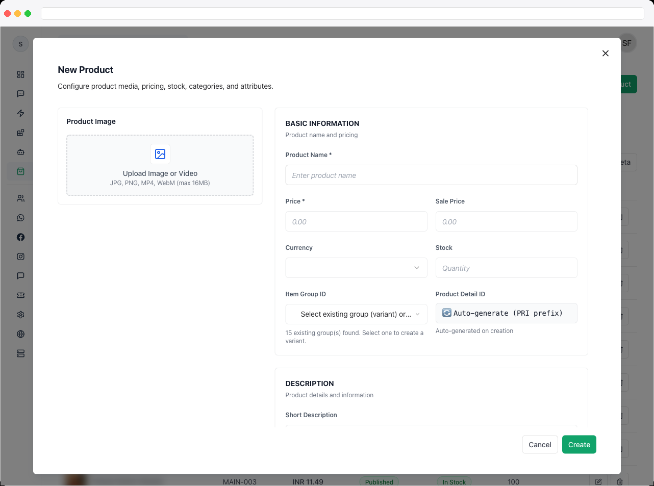 The Create Product dialog showing the Product Image upload area