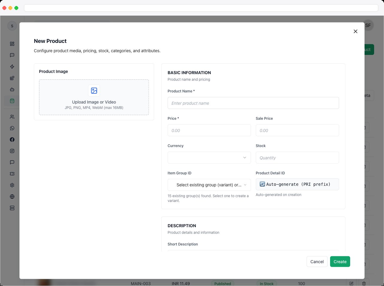 The Create Product dialog showing the Product Image upload area