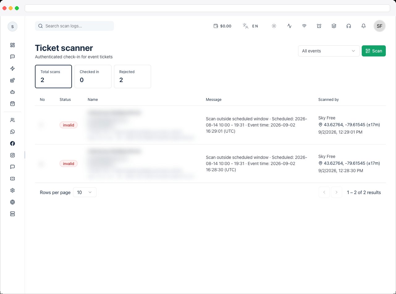 Scan result state showing a successful check-in with attendee name, ticket details, and scan location