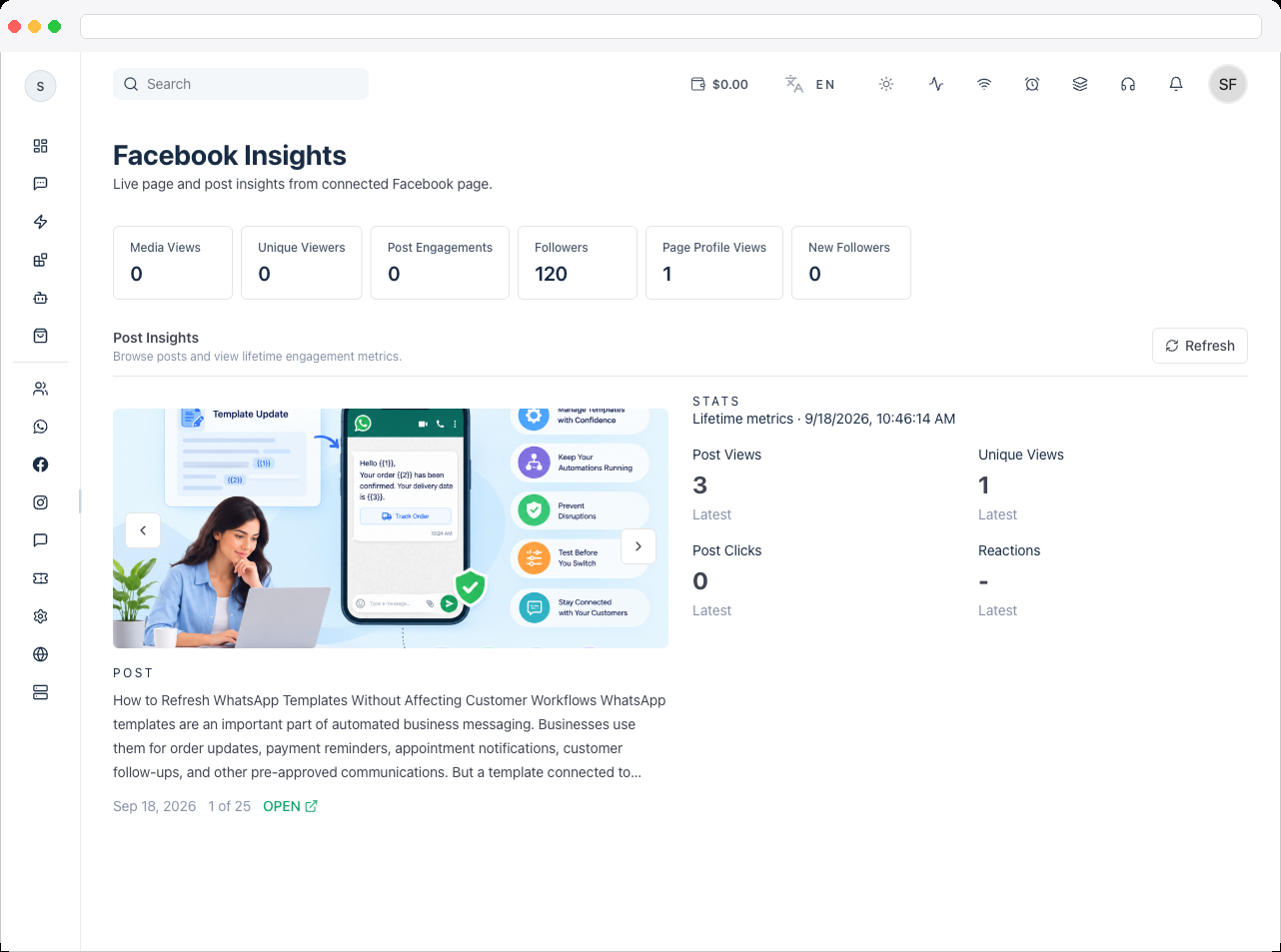 the "No Facebook Page Connected" empty state