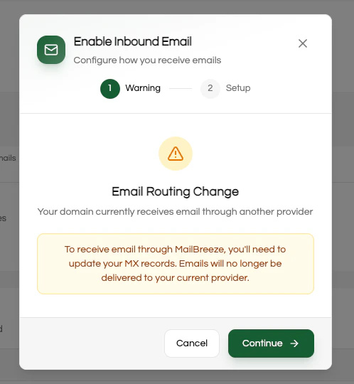 Warning screen when existing MX records are detected