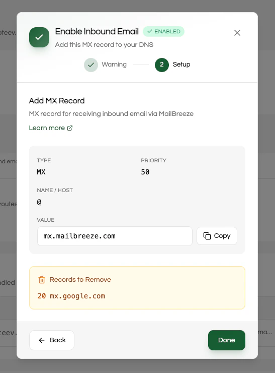 MX record setup screen with records to remove