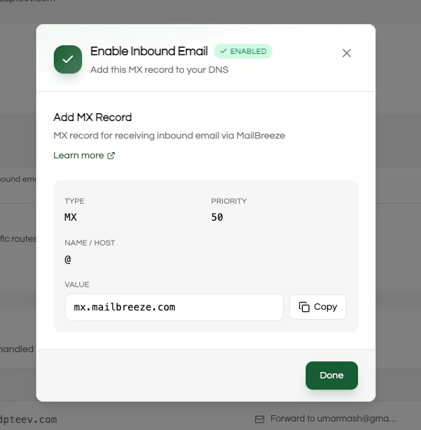 Simple MX record setup screen for domains without existing records