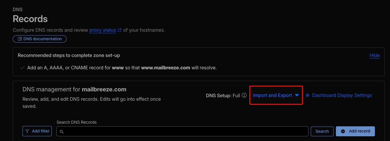 Example: Cloudflare Import and Export button