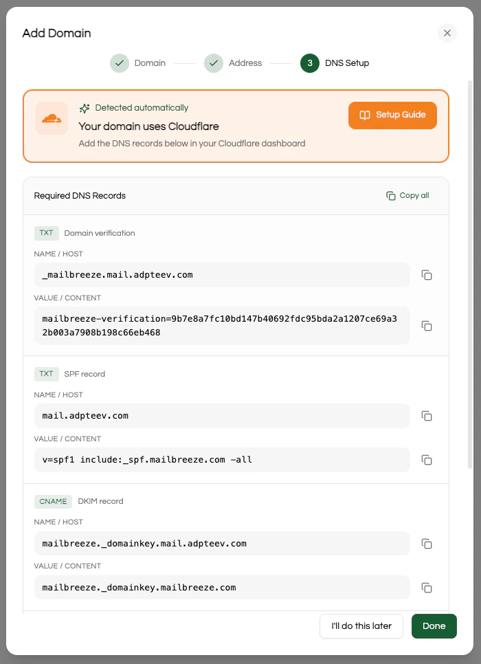 MailBreeze domain setup modal showing DNS records