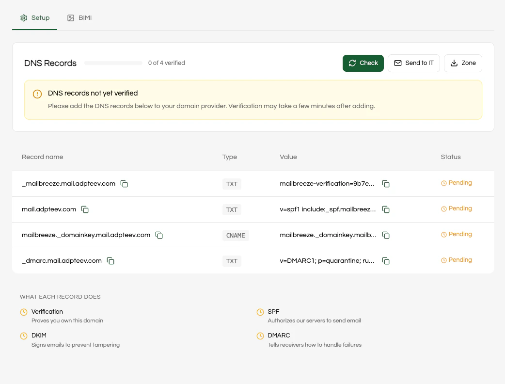 MailBreeze domain setup page with pending DNS records