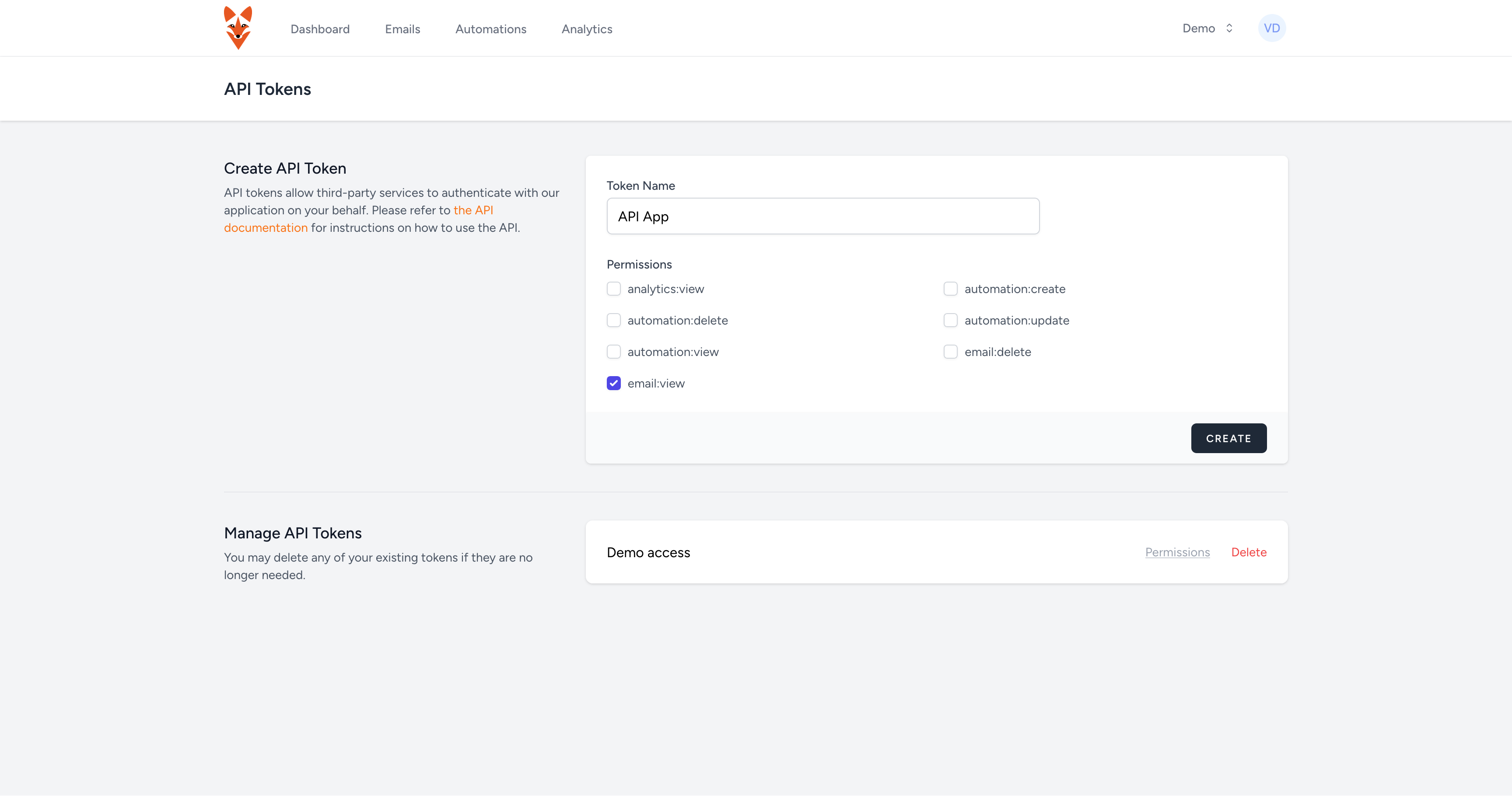 Screenshot of creating api token