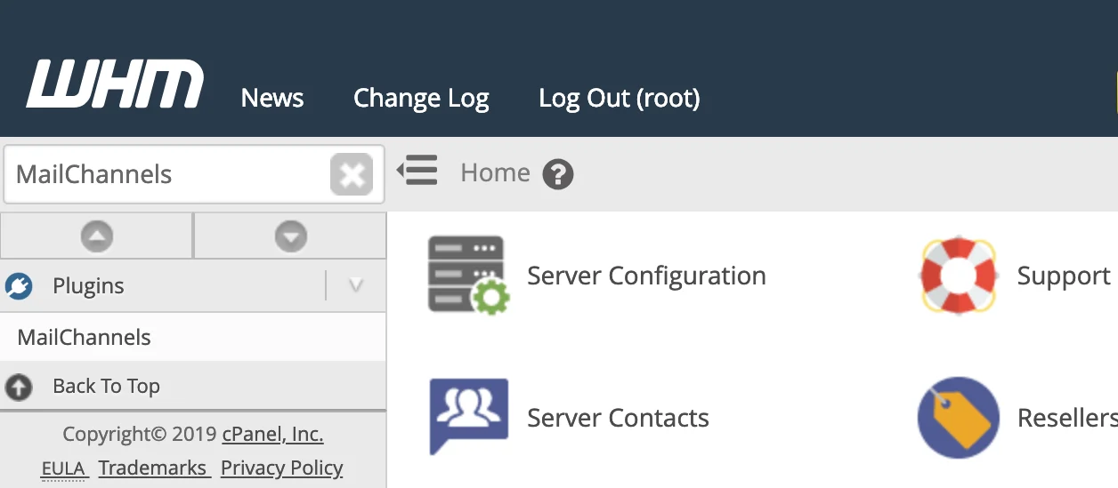MailChannels plugin in WHM navigation