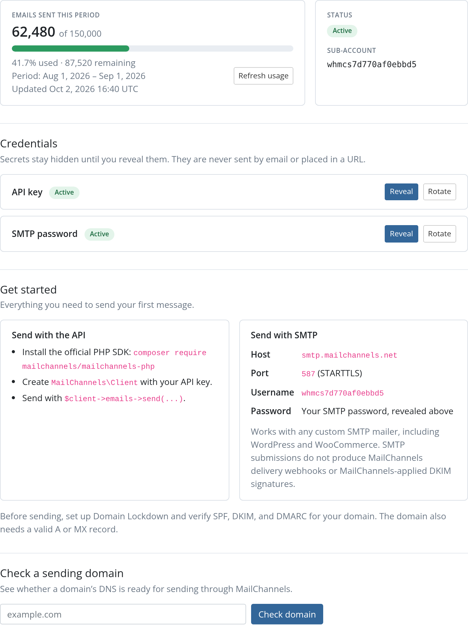 Client area management panel showing usage, status, credentials, getting started guidance, and the domain check form
