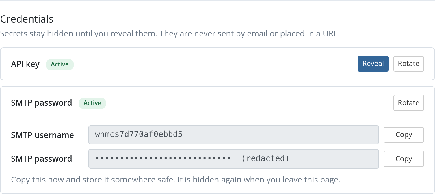 Credentials section with an SMTP password revealed, showing the SMTP username and a redacted password, each with a Copy button