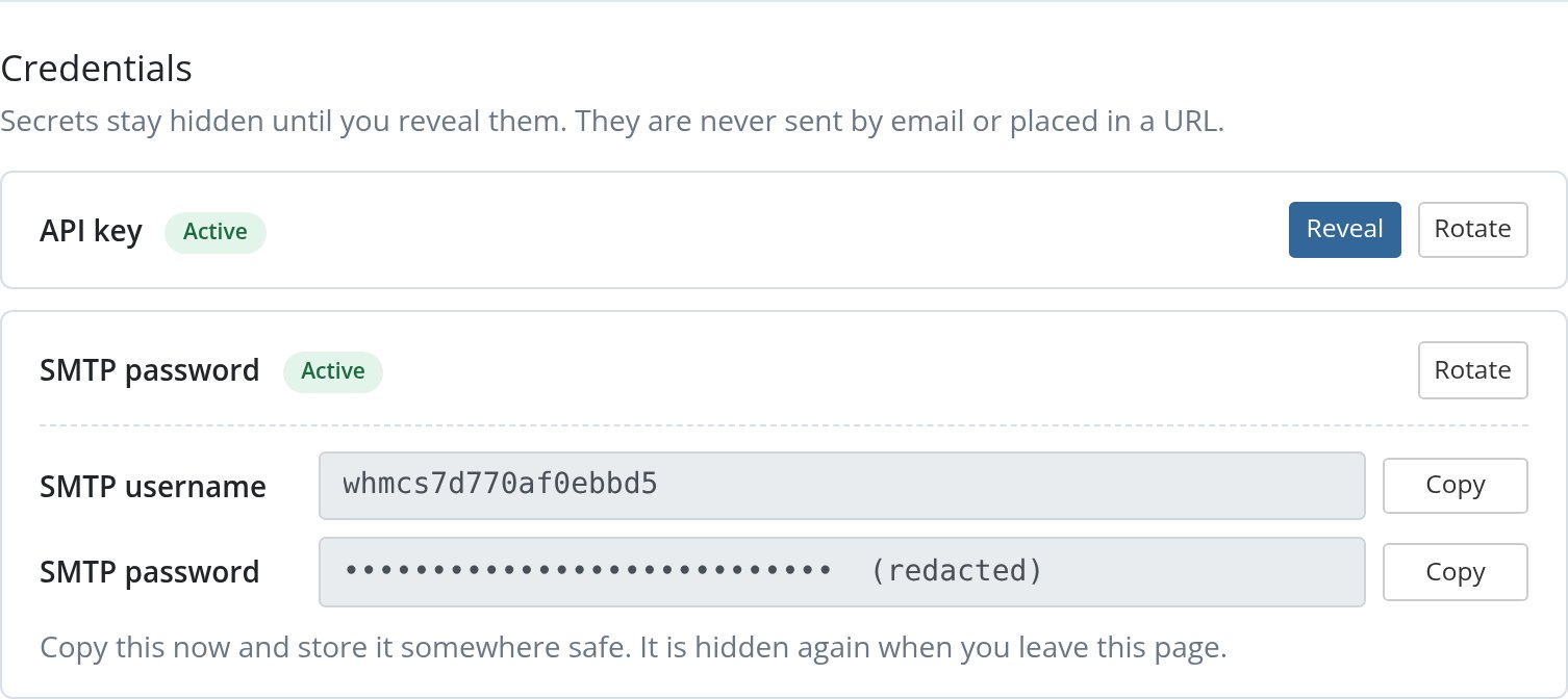 Credentials section with an SMTP password revealed, showing the SMTP username and a redacted password, each with a Copy button