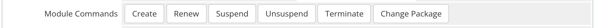 WHMCS Module Commands row with Create, Renew, Suspend, Unsuspend, Terminate, and Change Package buttons