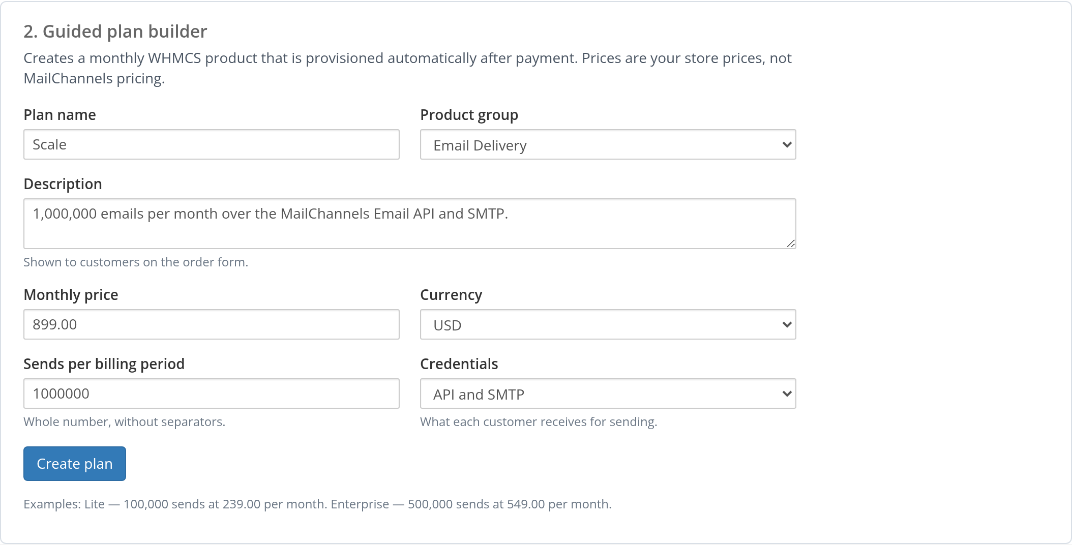 Guided plan builder form filled in with a plan name, description, monthly price, currency, send limit, and credentials