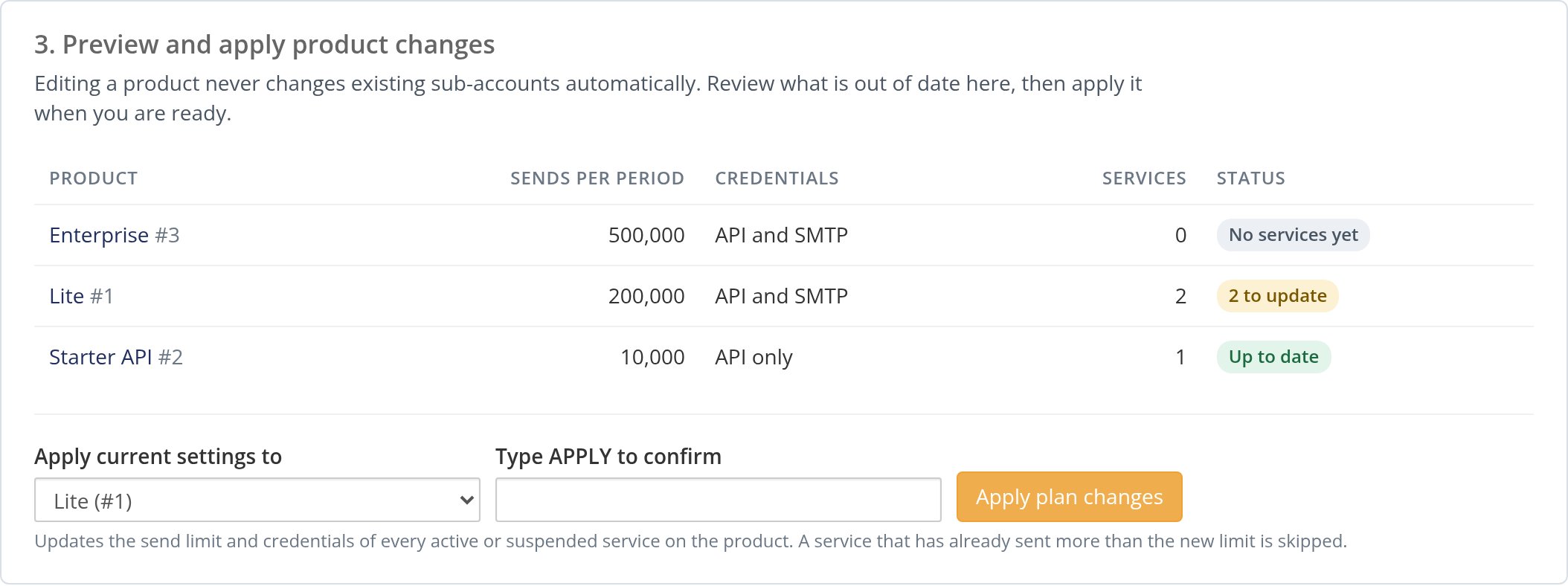 Preview and apply product changes table where the Lite plan shows 2 services to update