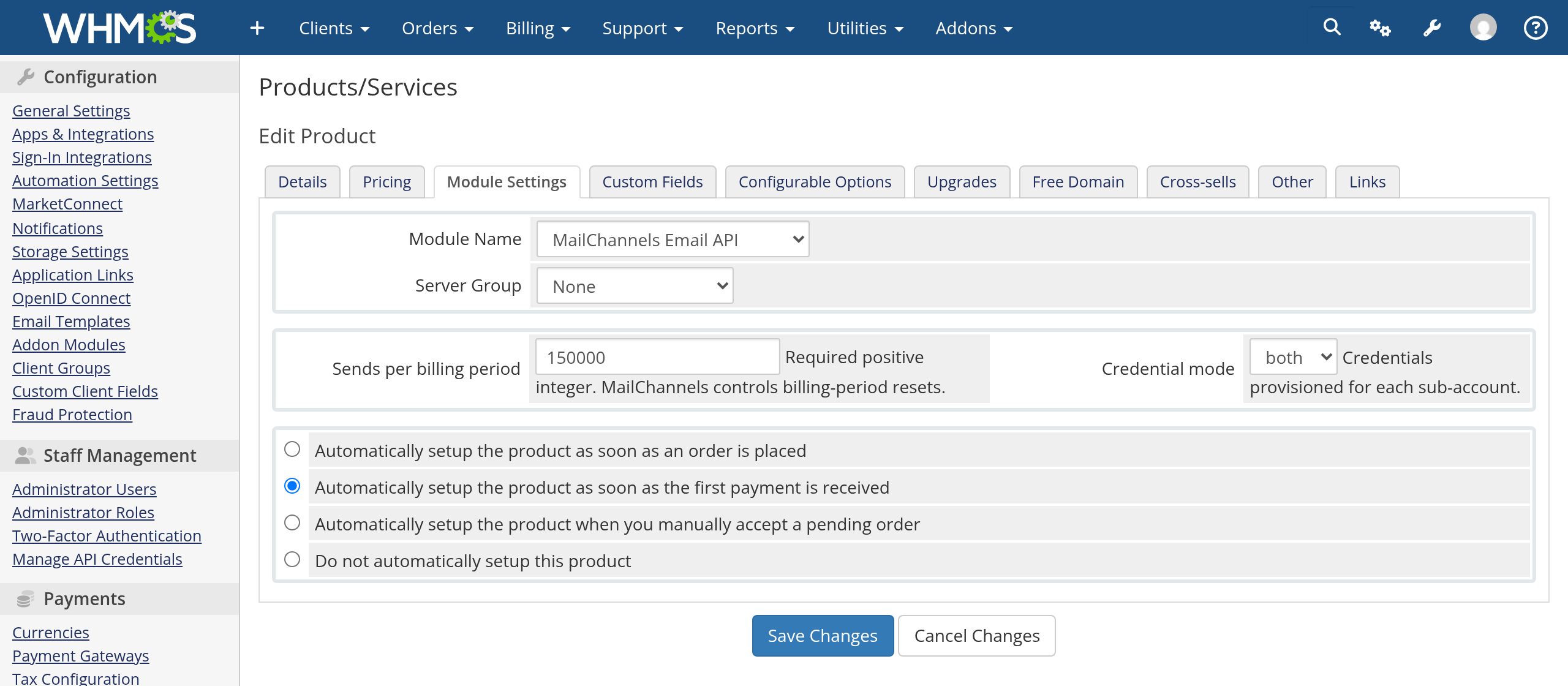 WHMCS product Module Settings tab with MailChannels Email API selected, a send limit, and a credential mode