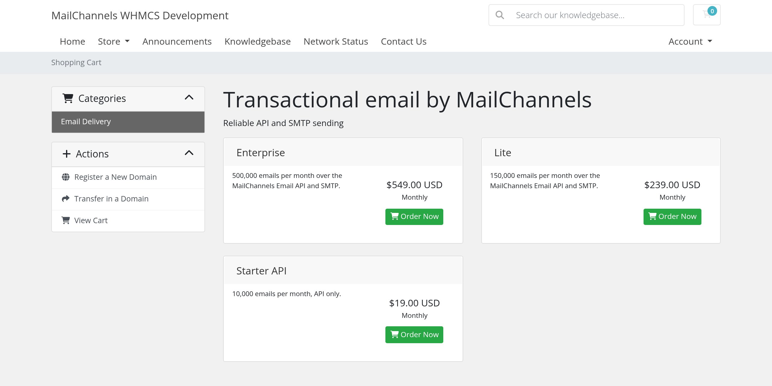 WHMCS store page listing three MailChannels Email API plans with monthly prices and Order Now buttons