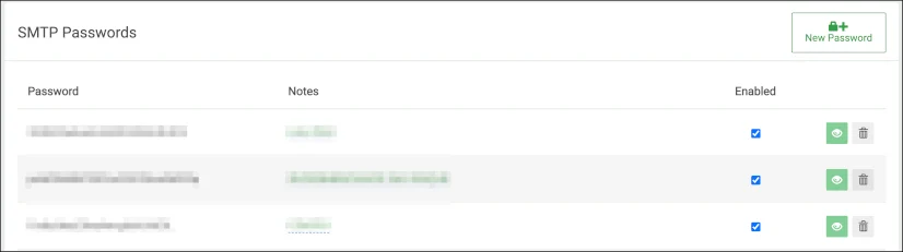 SMTP Passwords settings