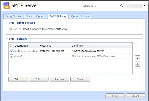 SMTP Delivery tab