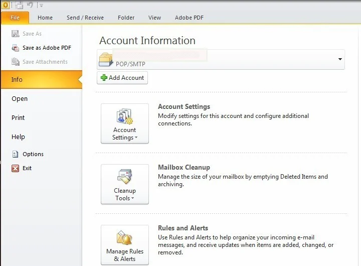 Outlook 2010 File menu Info tab