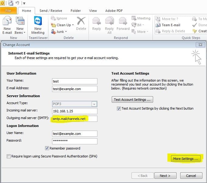 Outlook 2010 outgoing mail server