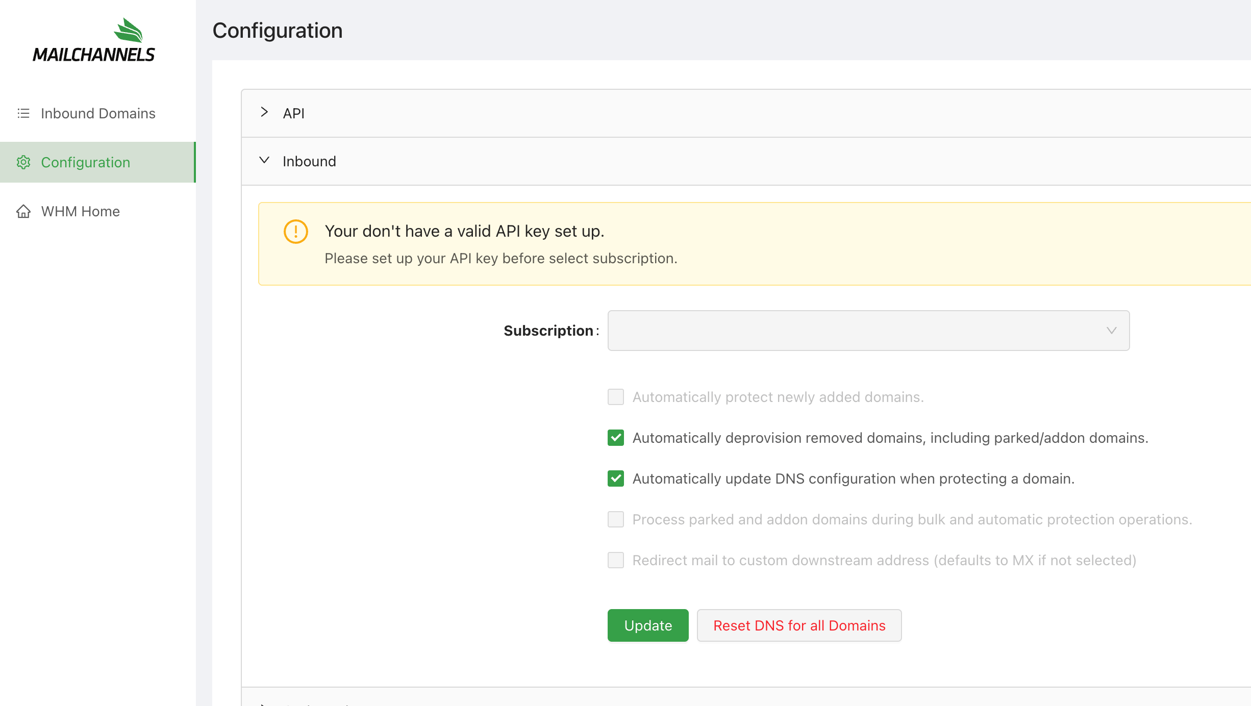 Inbound configuration panel in the WHM plugin