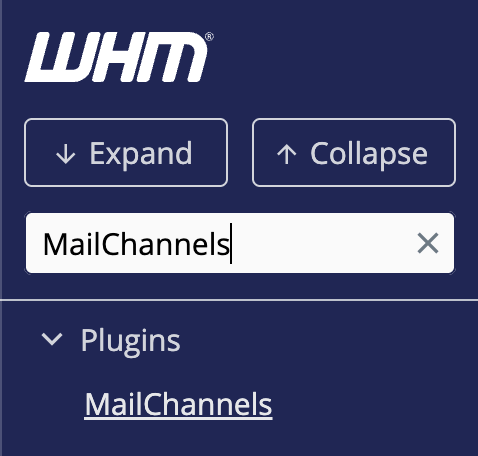 WHM navigation search showing the MailChannels plugin menu item