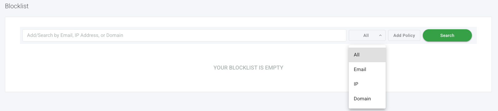 Blocklist page in the Domain Console