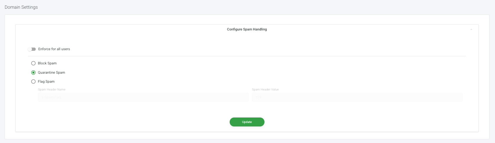 Domain Settings page showing the Configure Spam Handling panel