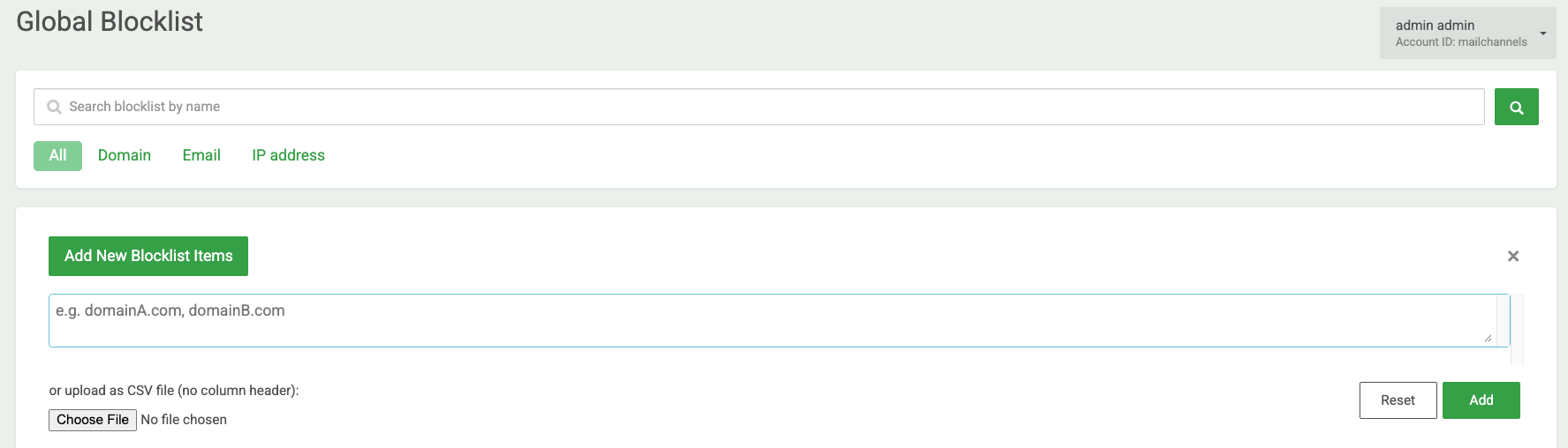Global Blocklist page showing the Add New Blocklist Items panel