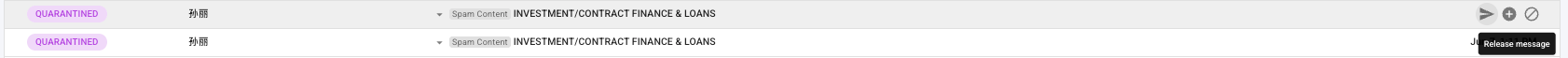 Quarantined message row showing the Release, Safelist, and Block action icons on hover