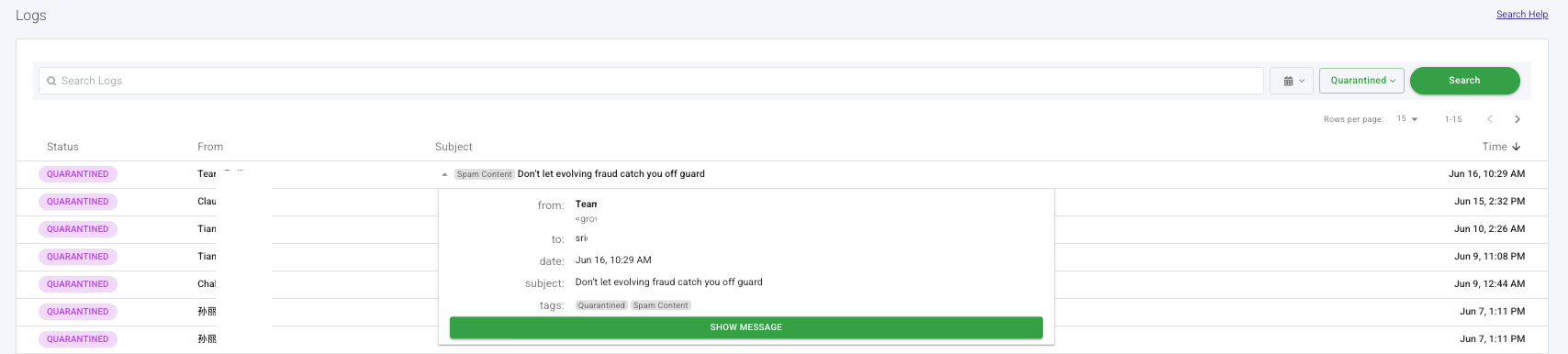 Logs page showing quarantined messages with the Quarantined filter applied