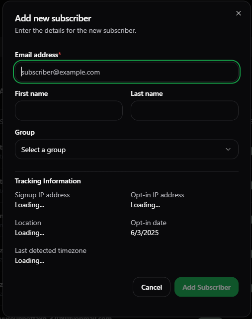 Add New Subscriber Dialogbox Dark
