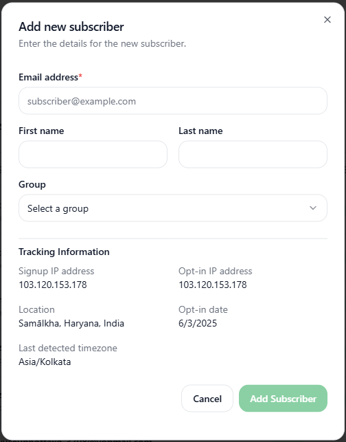 Add New Subscriber Dialogbox Light