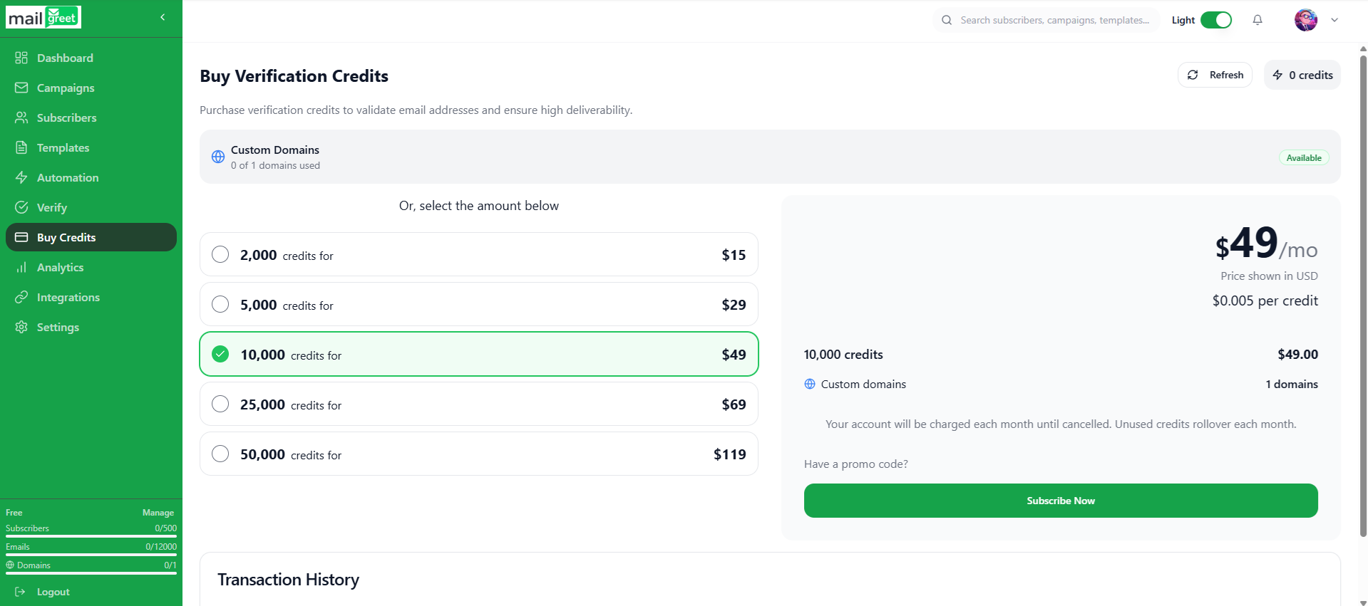 Buy Credits Page Light
