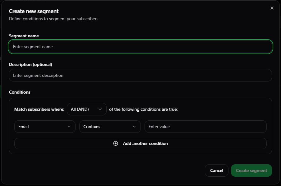 Create New Segment Dialogbox Dark