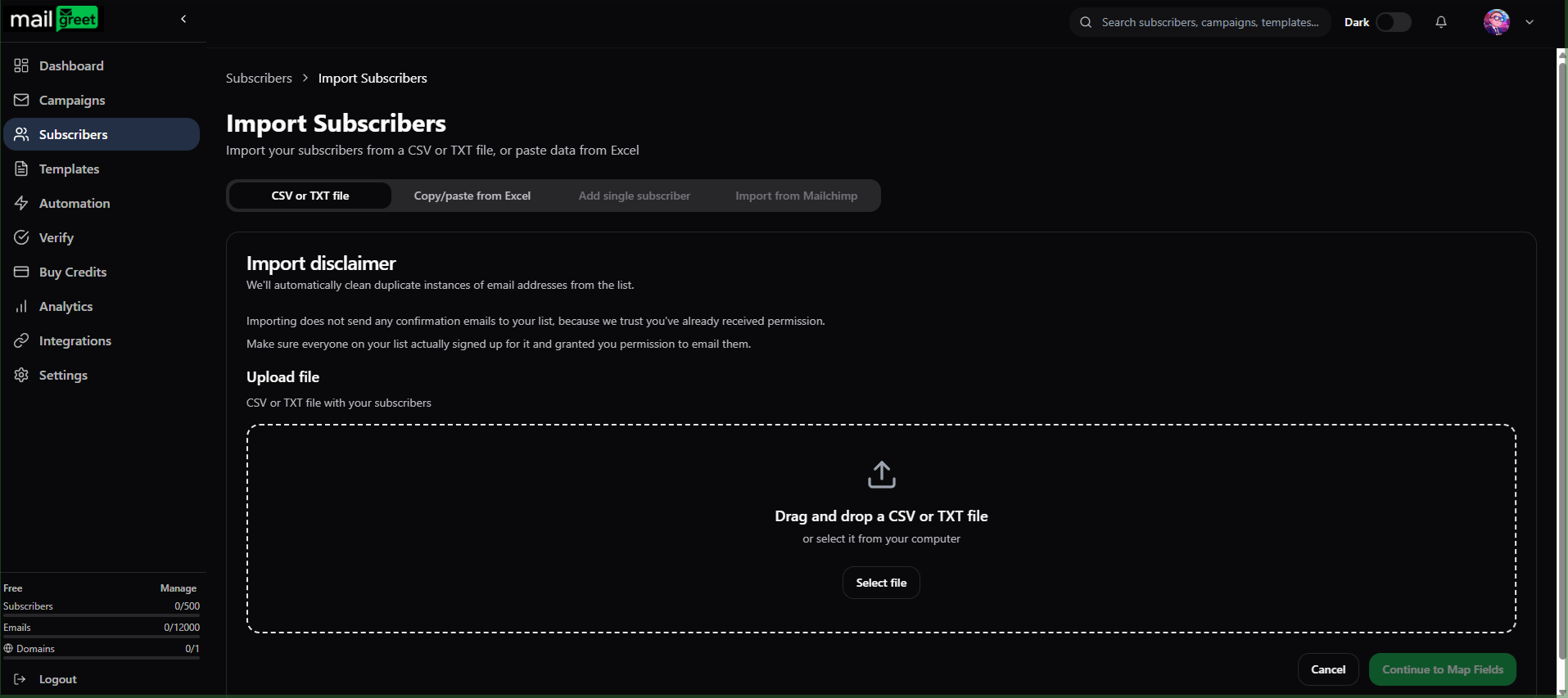 Import Subscribers Webpage Dark