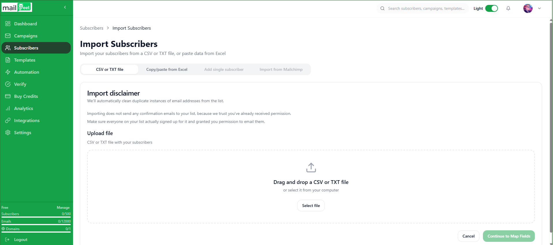 Import Subscribers Webpage Light