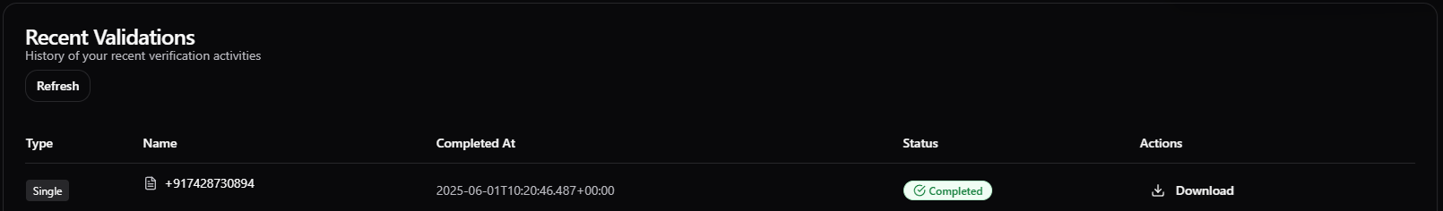 Recent Phone Validation Report Dark