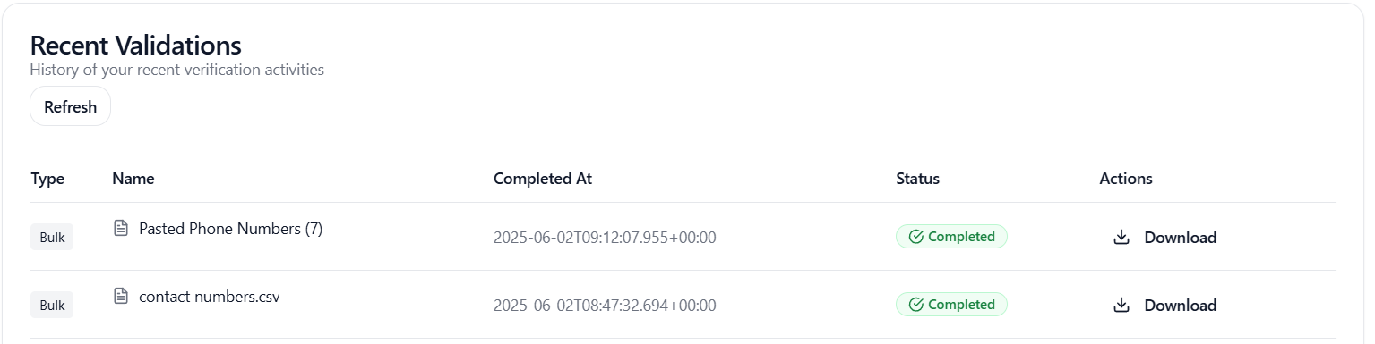 Recent Validations Pasted Phone Numbers Light