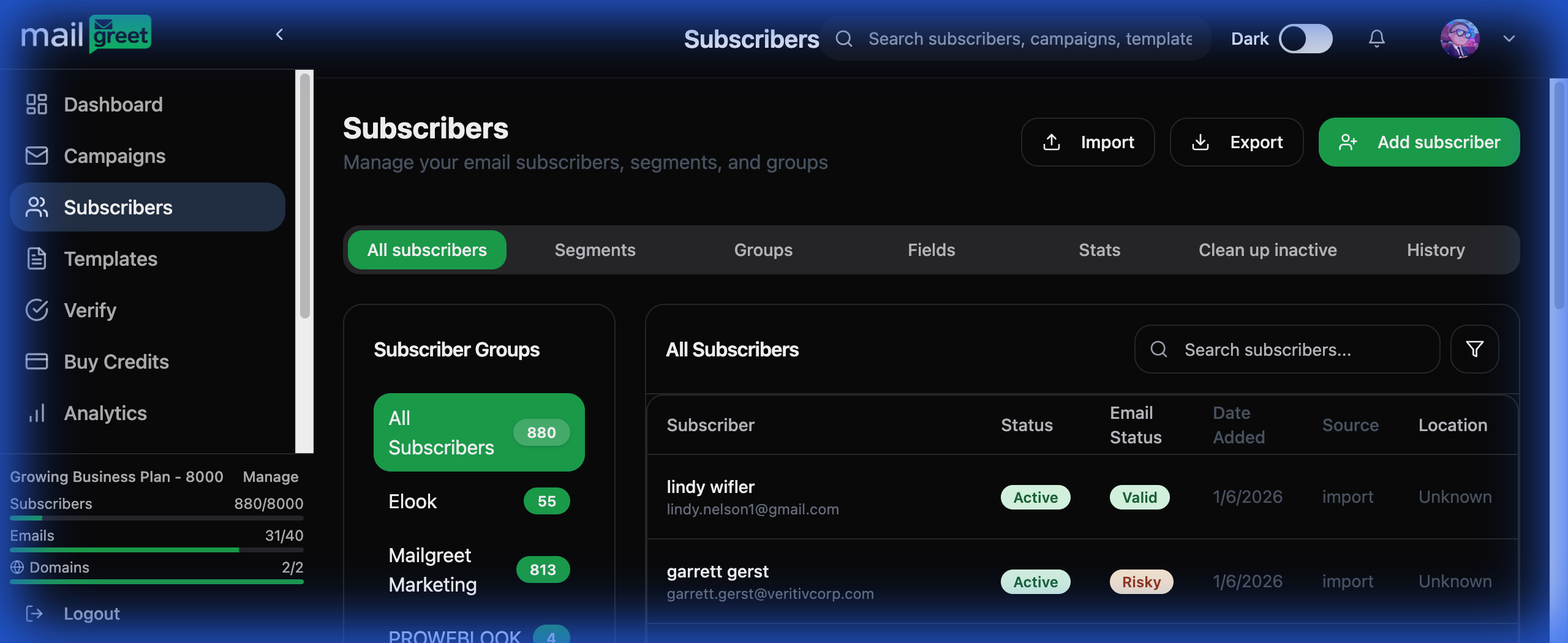 MailGreet Subscribers Page