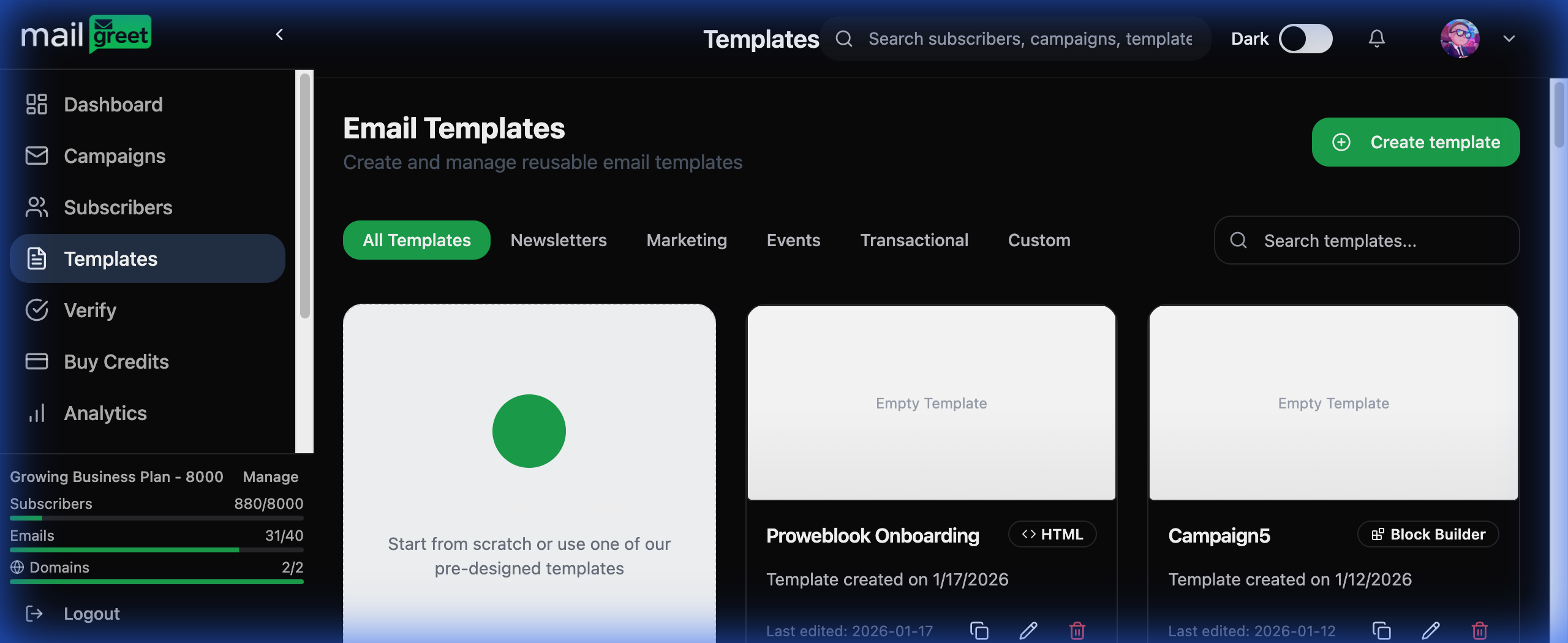 MailGreet Templates Page