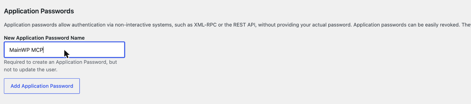 The Application Passwords section of a WordPress profile with the name MainWP MCP entered
