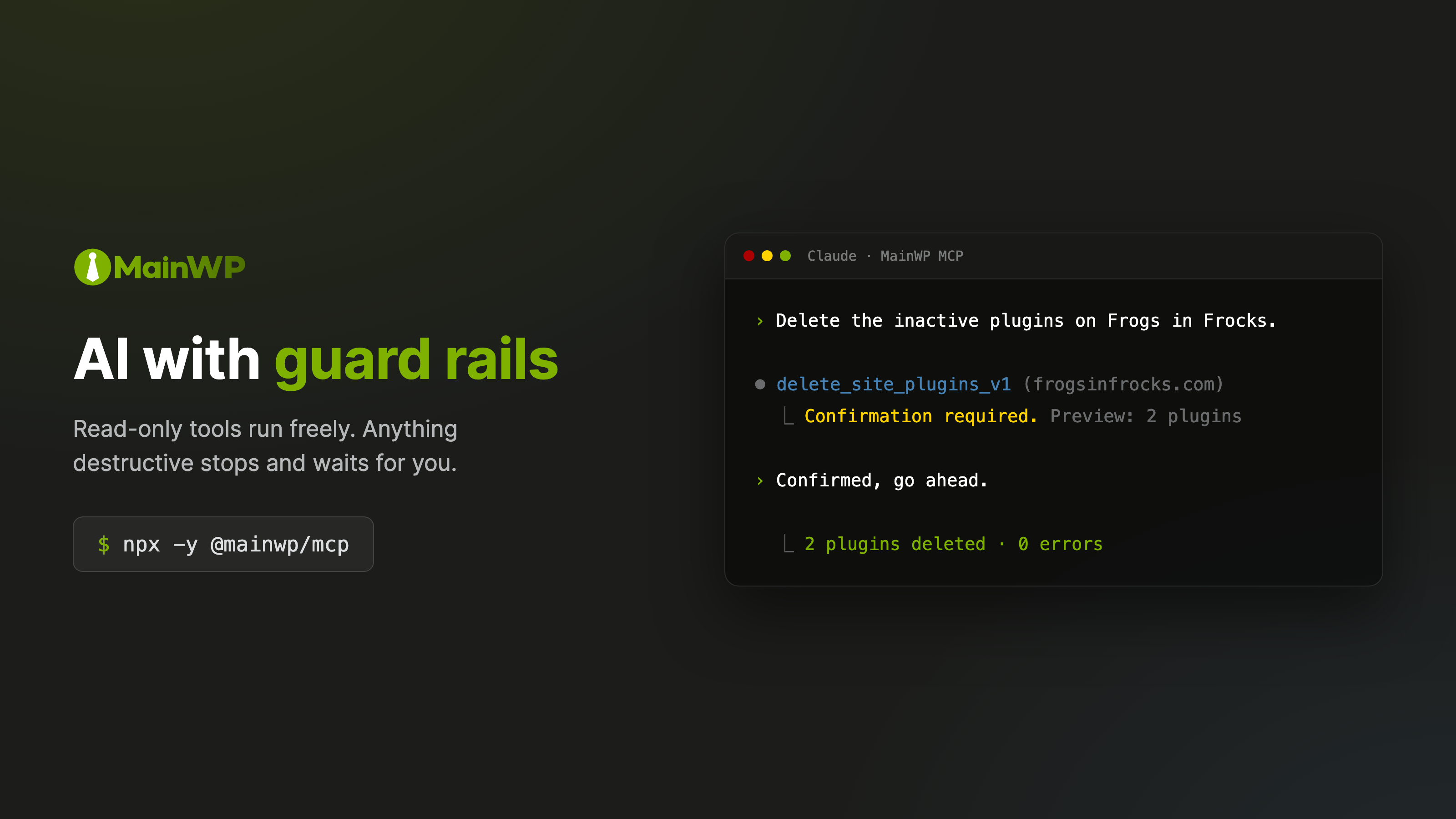 Terminal conversation: a request to delete inactive plugins pauses with Confirmation required and a preview of 2 plugins, then completes after the user confirms