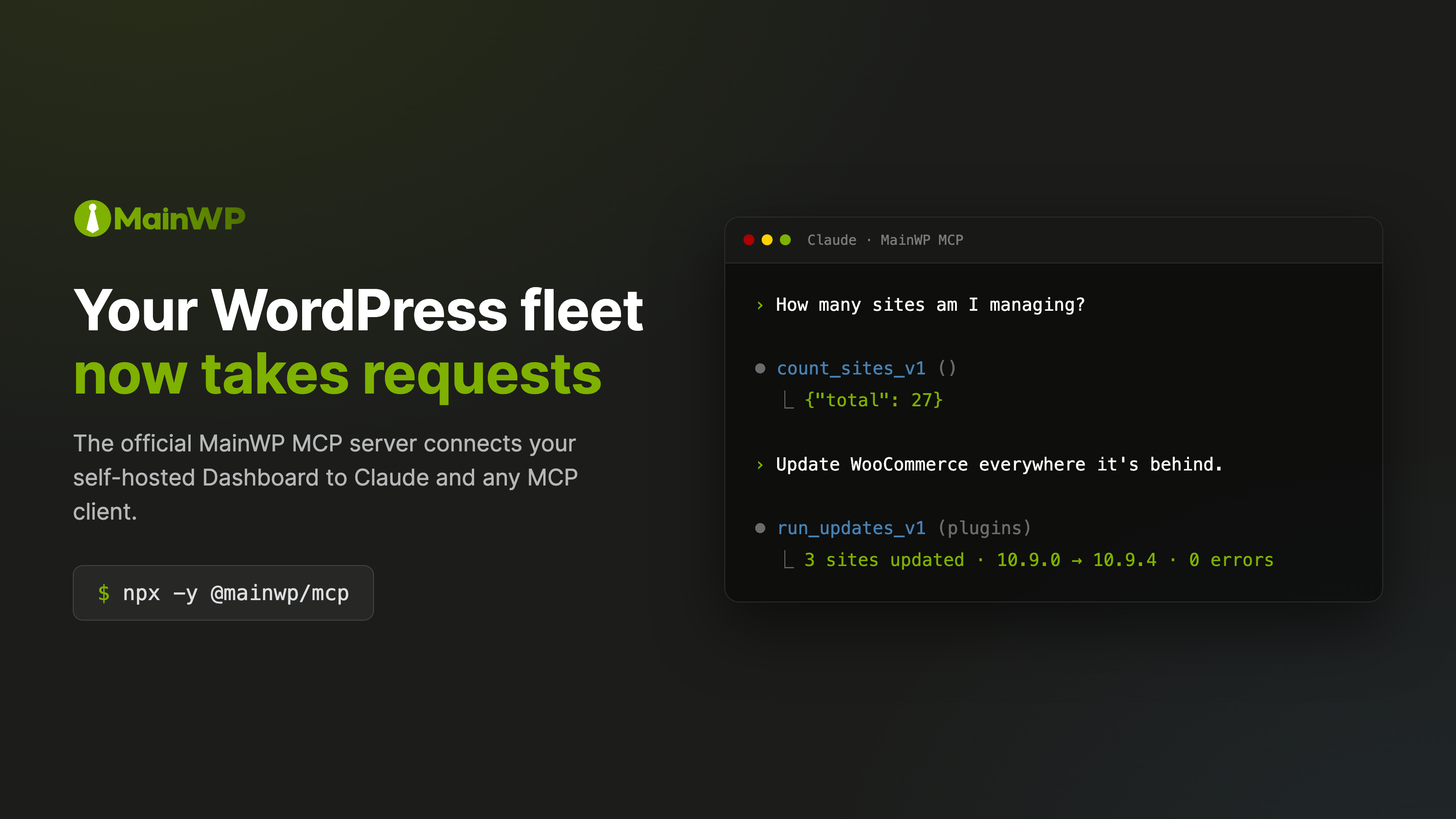 Terminal conversation with an AI assistant listing MainWP sites and pending updates