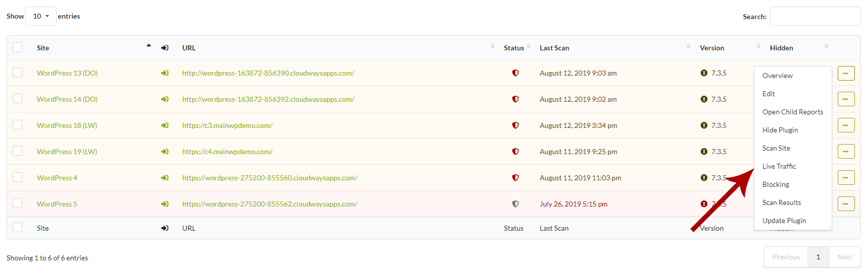Screenshot of Live Traffic view showing requests to a child site