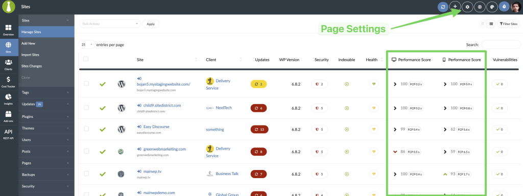 Screenshot of Page Settings menu with Performance Score columns option