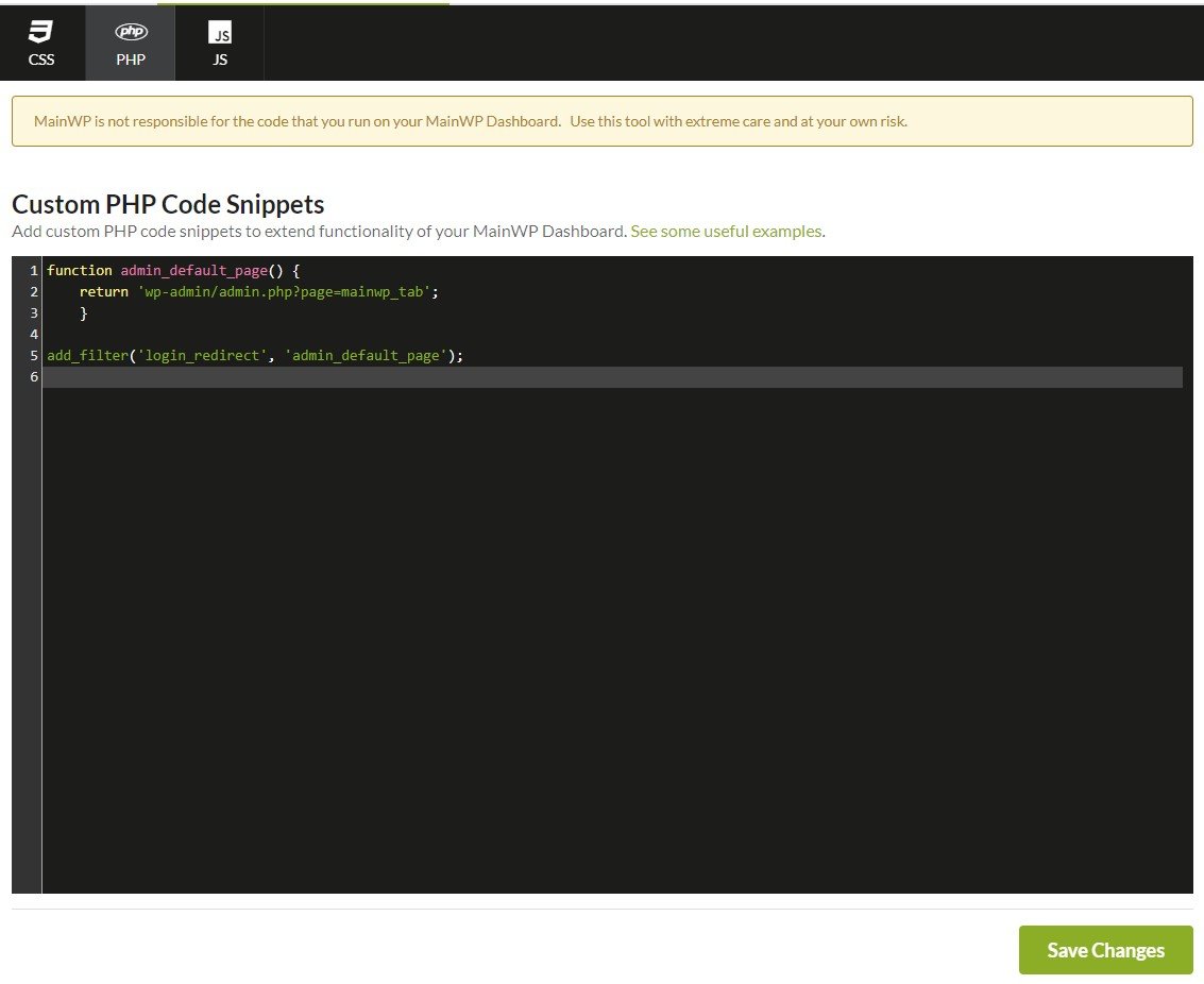 Custom Dashboard extension PHP tab with login redirect code
