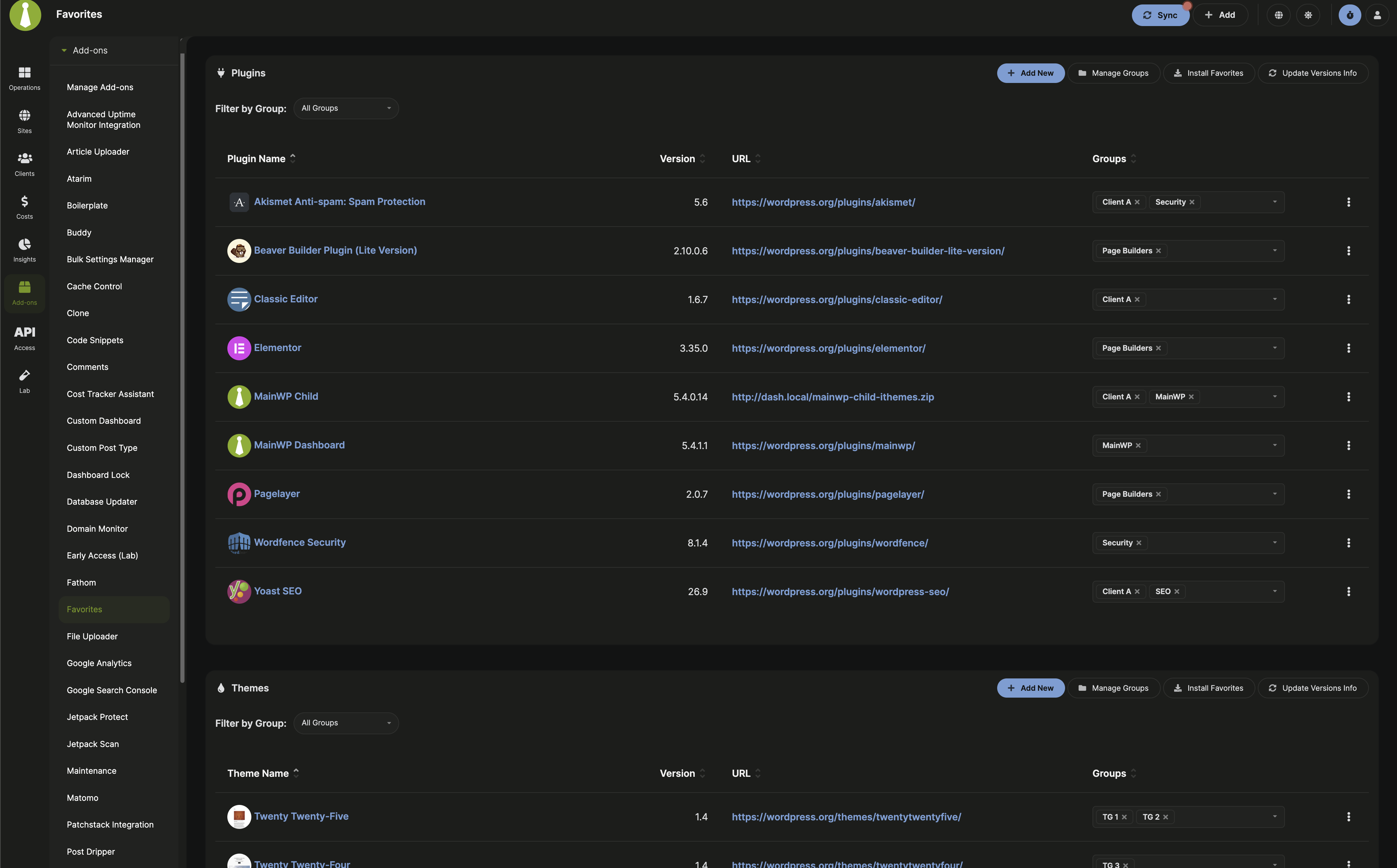 Favorites Extension page showing saved plugins and themes with groups