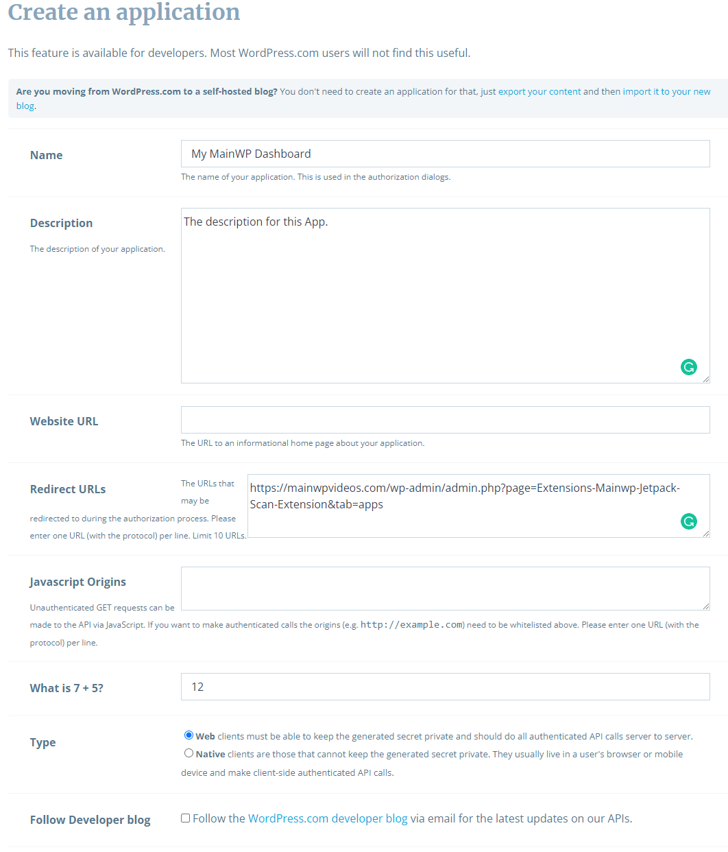 Screenshot of WordPress.com application creation form